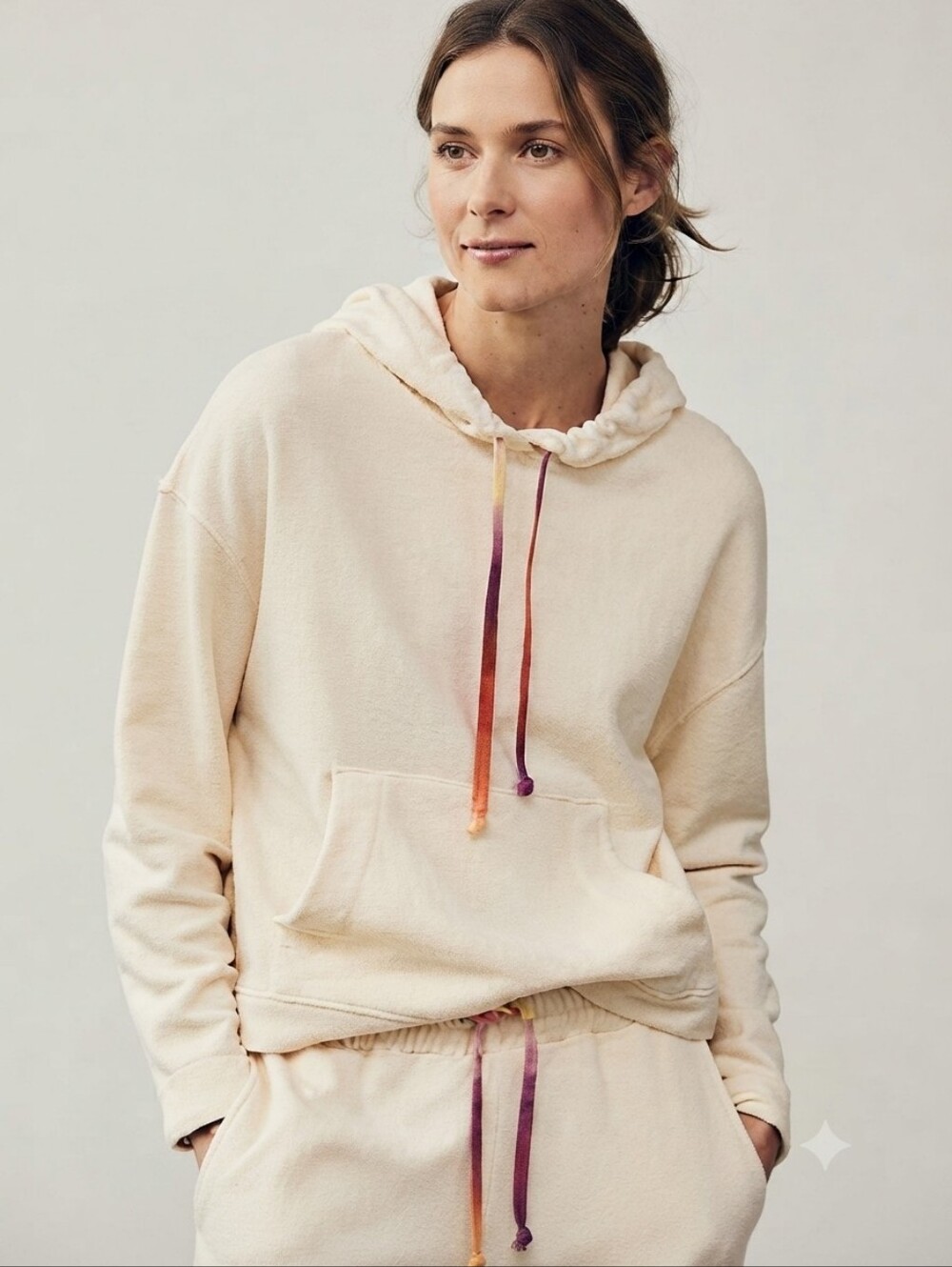 Madewell Cream Hoodie with Rainbow Drawstrings Size Small